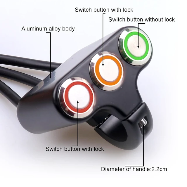 Alt view image 2 of 6 - 7/8 Waterproof Motorcycle Handlebar Switch with Indicator Light, 3 Push Button Switch, Fog Light ON/Off -Aluminum Alloy Material