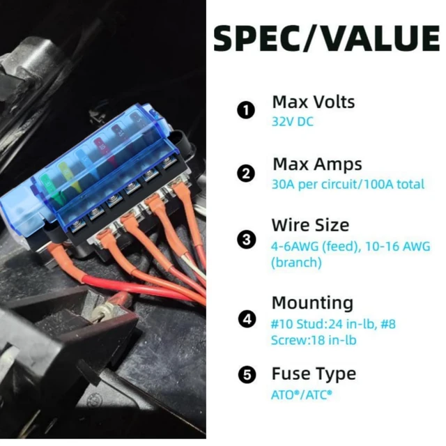 Alt view image 4 of 6 - 6Circuit Blade Fuse Block 12V ATC/ATO Fuse Box with Cover