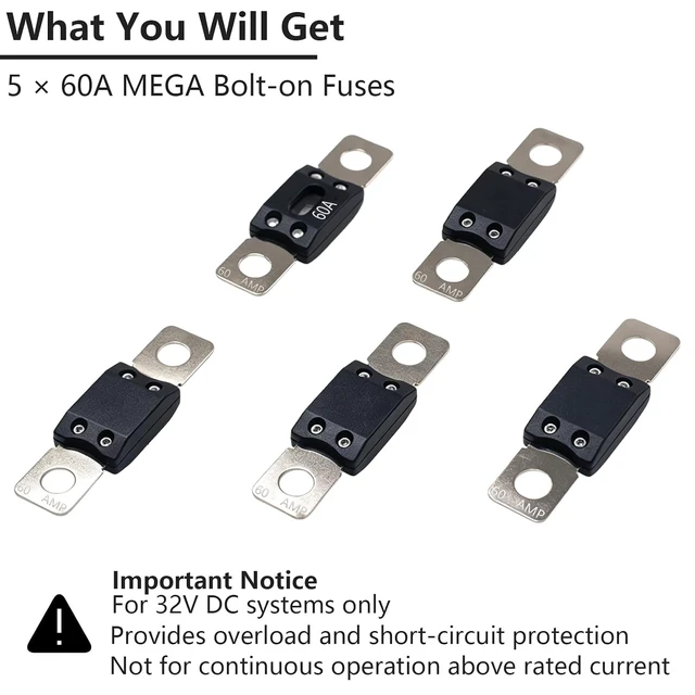 Alt view image 5 of 7 - 5 Pack 60Amp MEGA Fuse ANM Bolt Down High Current Fuse 60A