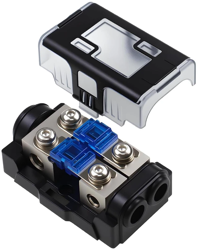 Main image of 2 Way Mini ANL Fuse Holder 60A with Cover, 0/4 Gauge Input 4/8 Gauge Output Fuse Distribution Block for Boat, Car Audio