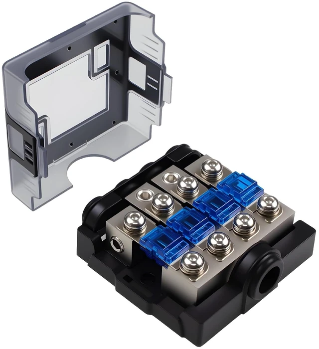 Main image of 4 Way Mini ANL Fuse Holder 60A with Cover, 0/4 Gauge Input 4/8 Gauge Output Fuse Distribution Block for Boat, Car Audio