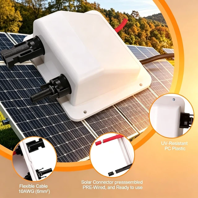 Alt view image 4 of 7 - Solar Double Cable Entry Gland Box with 0.33ft 10AWG Soft Solar Extension Cable, Waterproof ABS Solar Entry Gland for RVs, Boats, Yacht, Roofs(White)