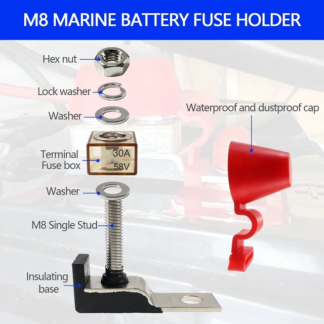 Alt view image 5 of 7 - MRBF Terminal Fuse Block 80A Marine Rated Battery Fuse, 5/16" Stud,58V DC Max IP66 Waterproof Fuse Holder 80A for Boat RV(Pack of 2)