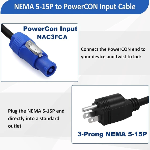 Alt view image 2 of 7 - 16AWG 3-Prong NEMA 5-15P to PowerCON Cable 15A 3 Pin PowerCon Input to NEMA 5-15P Male Connector Extension Power Cord for Outdoor Stage Light LED Screen (1M/3.2FT)