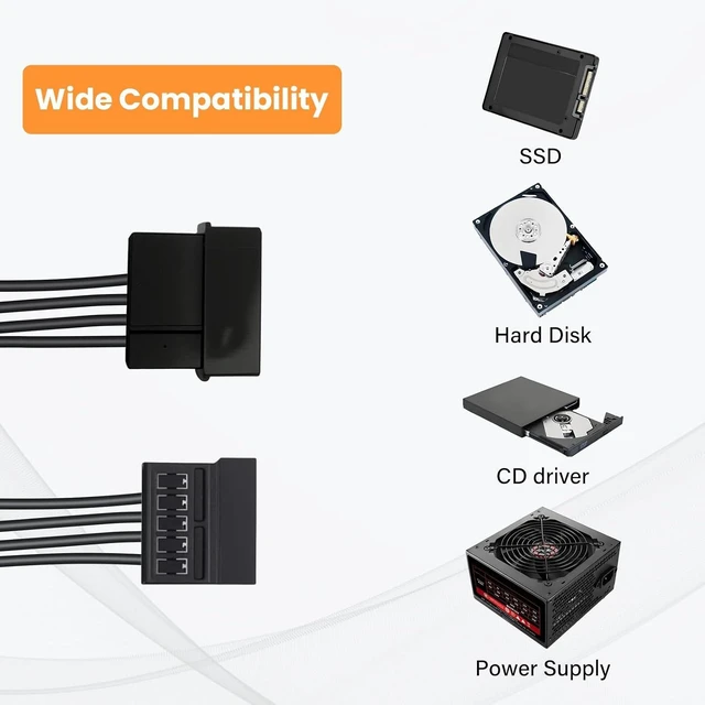 Alt view image 4 of 7 - IDE to SATA Power Splitter Cable - LP4 4 Pin Male to 5 SATA Female Power Extension Hard Drive Cable for HDD, SSD and Optical Drives
