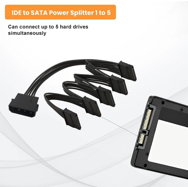 Alt view image 5 of 7 - IDE to SATA Power Splitter Cable - LP4 4 Pin Male to 5 SATA Female Power Extension Hard Drive Cable for HDD, SSD and Optical Drives