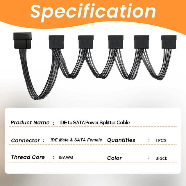 Alt view image 3 of 7 - IDE to SATA Power Splitter Cable - LP4 4 Pin Male to 5 SATA Female Power Extension Hard Drive Cable for HDD, SSD and Optical Drives