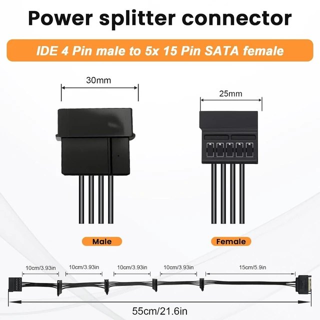 Alt view image 6 of 7 - IDE to SATA Power Splitter Cable - LP4 4 Pin Male to 5 SATA Female Power Extension Hard Drive Cable for HDD, SSD and Optical Drives