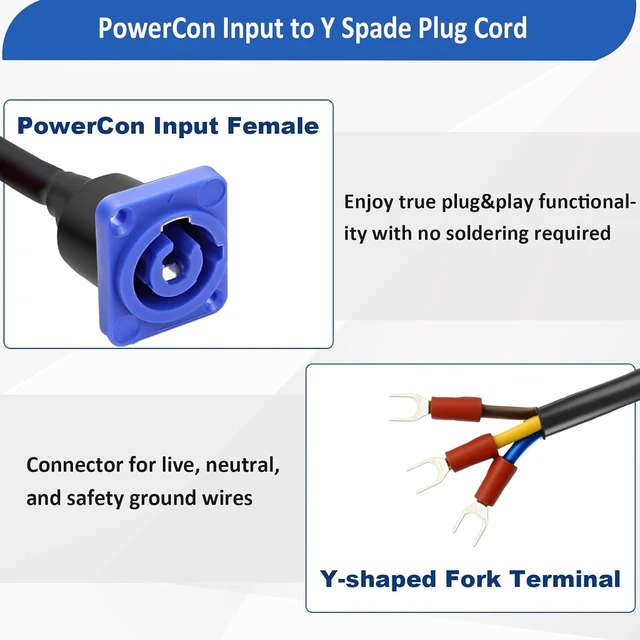 Alt view image 2 of 7 - 16AWG PowerCon Input Female Panel Mount to Y Spade Plug Cord 10-15A/250V 3-Pin AC Power Jack Socket to Y Terminal Extension Cable for Stage Light LED Connector 0.5M/1.6FT