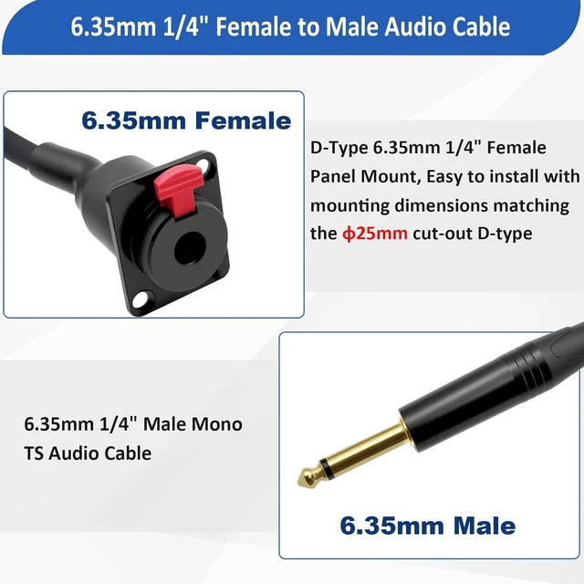 Alt view image 3 of 7 - D-Type 6.35mm 1/4" Female Panel Mount to 6.35mm Male Mono Audio Cable 6.35mm TS Headphone Guitar Extension Cable for Pro Audio Installations 1M/3.3Ft (Mono TS)