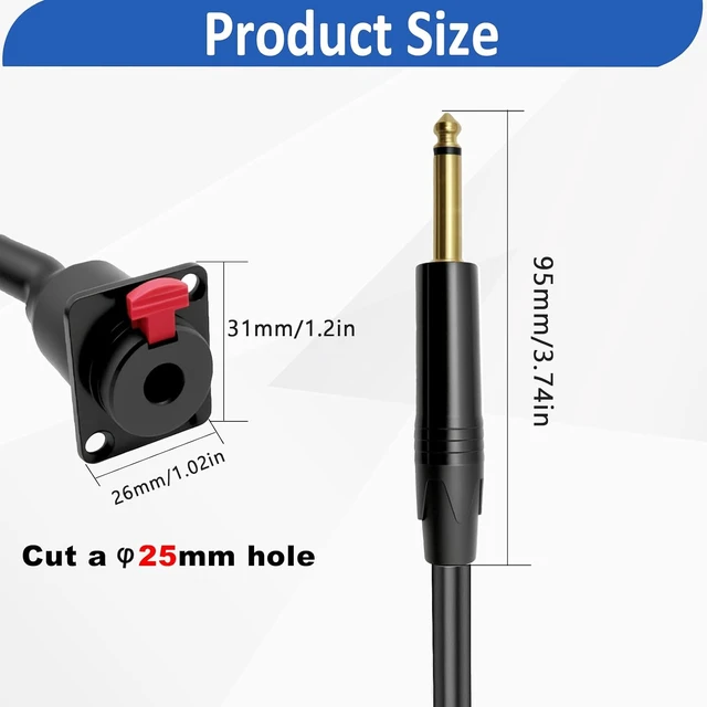 Alt view image 6 of 7 - D-Type 6.35mm 1/4" Female Panel Mount to 6.35mm Male Mono Audio Cable 6.35mm TS Headphone Guitar Extension Cable for Pro Audio Installations 1M/3.3Ft (Mono TS)