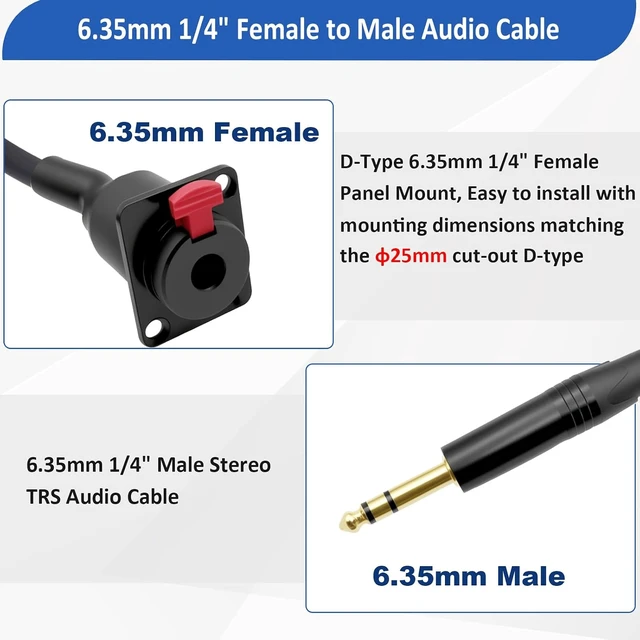 Alt view image 3 of 7 - D-Type 6.35mm 1/4" Female Panel Mount to 6.35mm Male Stereo Audio Cable 6.35mm TRS Headphone Guitar Extension Cable for Pro Audio Installations 1M/3.3Ft (Stereo TRS)