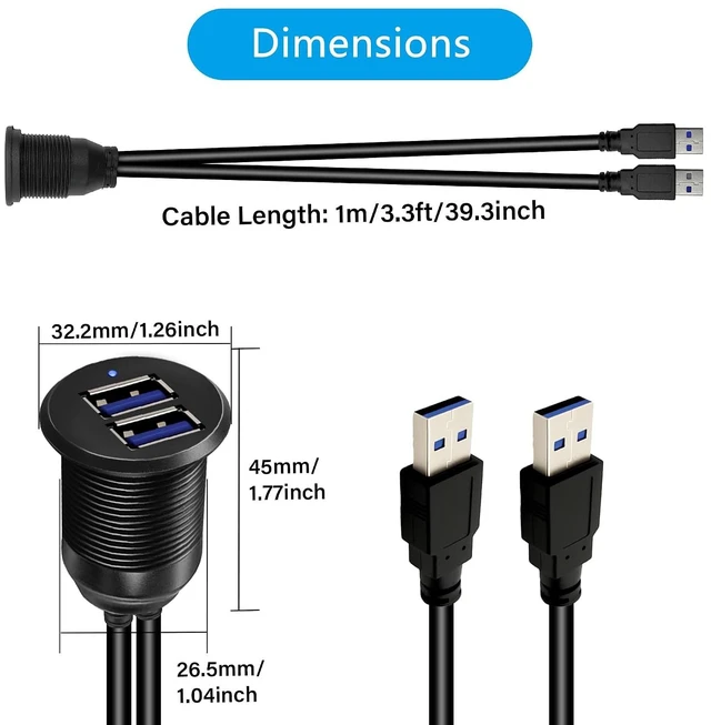 Alt view image 5 of 7 - 2 Ports Dual USB 3.0 Car Mount Flush Cable with LED Light, Male to Female, Metal Shell, 5Gbps USB Dashboard Panel Mount Waterproof Extension Cord for Car Truck Boat Motorcycle (2M/6.6Ft)