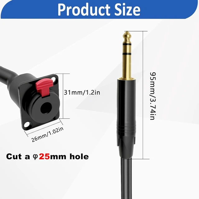 Alt view image 6 of 7 - D-Type 6.35mm 1/4" Female Panel Mount to 6.35mm Male Stereo Audio Cable 6.35mm TRS Headphone Guitar Extension Cable for Pro Audio Installations 1M/3.3Ft (Stereo TRS)