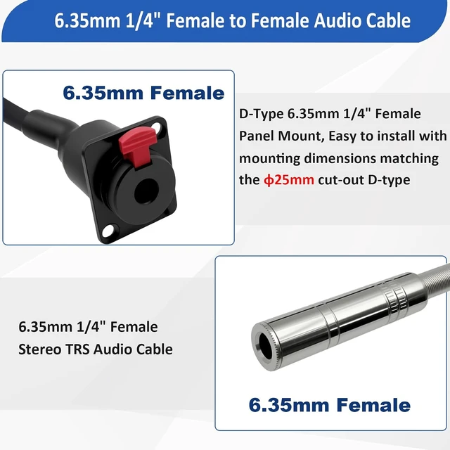 Alt view image 3 of 7 - D-Type 6.35mm 1/4" Female Panel Mount to 6.35mm Female Stereo Audio Cable 6.35mm TRS Headphone Guitar Extension Cable for Pro Audio Installations 1M/3.3Ft