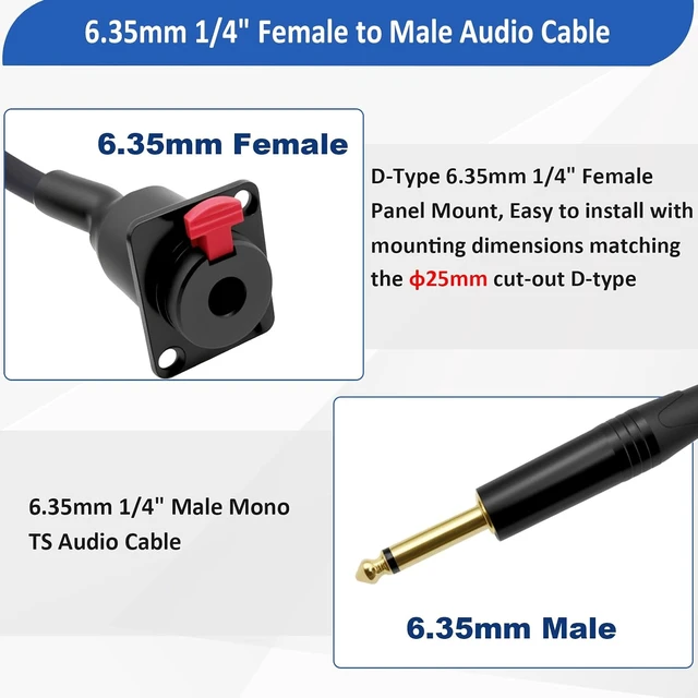 Alt view image 3 of 7 - D-Type 6.35mm 1/4" Female Panel Mount to 6.35mm Male Mono Audio Cable 6.35mm TS Headphone Guitar Extension Cable for Pro Audio Installations 0.5M/1.6Ft (Mono TS)