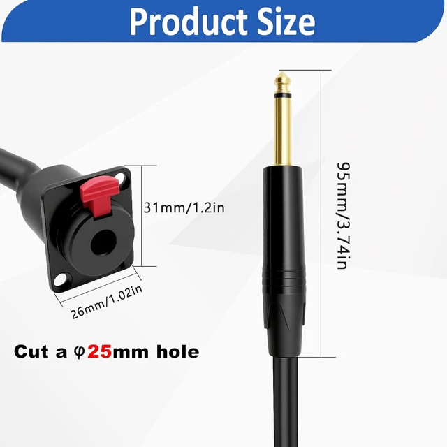 Alt view image 5 of 7 - D-Type 6.35mm 1/4" Female Panel Mount to 6.35mm Male Mono Audio Cable 6.35mm TS Headphone Guitar Extension Cable for Pro Audio Installations 0.5M/1.6Ft (Mono TS)
