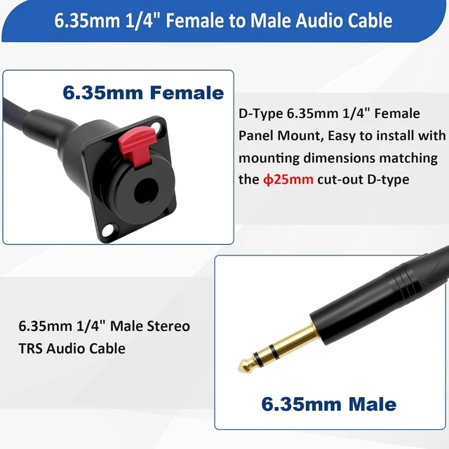 Alt view image 3 of 7 - D-Type 6.35mm 1/4" Female Panel Mount to 6.35mm Male Stereo Audio Cable 6.35mm TRS Headphone Guitar Extension Cable for Pro Audio Installations 0.5M/1.6Ft(Stereo TRS)
