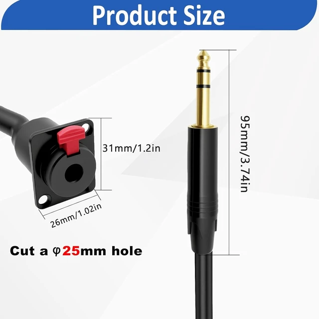 Alt view image 5 of 7 - D-Type 6.35mm 1/4" Female Panel Mount to 6.35mm Male Stereo Audio Cable 6.35mm TRS Headphone Guitar Extension Cable for Pro Audio Installations 0.5M/1.6Ft(Stereo TRS)