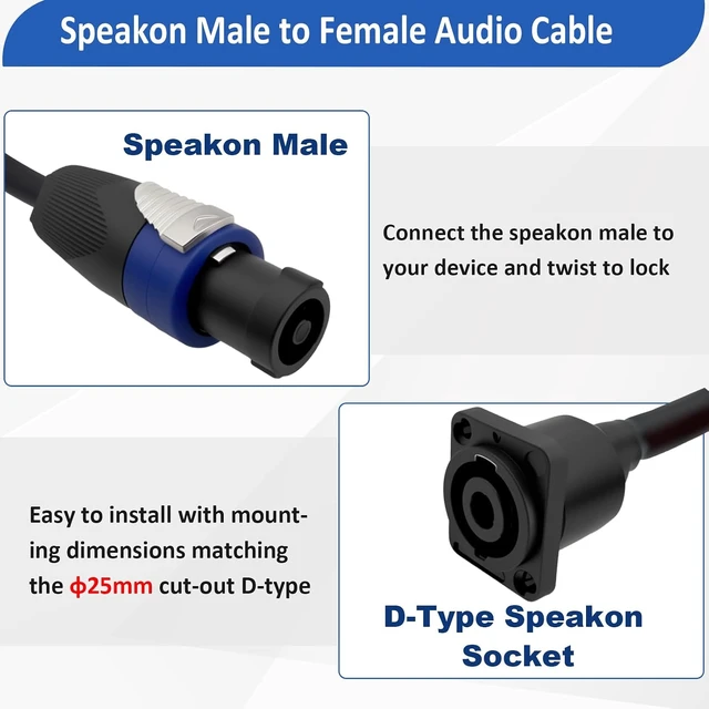Alt view image 2 of 7 - 14AWG Speakon Panel Mount Female to Male Audio Cable D-Type Speakon Socket to Plug with Twist Lock Extension Cable for Amplifier Pro DJ PA Stage 1M/3.3Ft