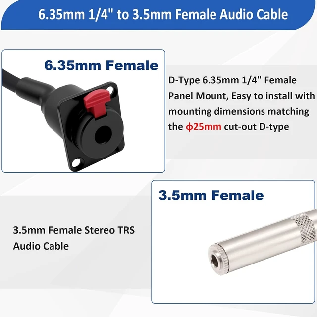 Alt view image 3 of 7 - D-Type 6.35mm 1/4" Female Panel Mount to 3.5mm Female Stereo TRS Audio Cable for Headphone, Amplifiers, Guitar, Amp, Pro Audio Installations 1M/3.3Ft