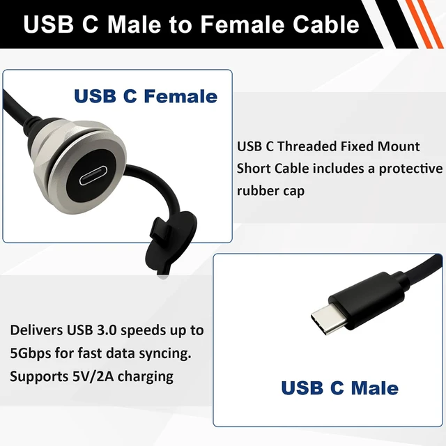 Alt view image 2 of 7 - USB C 3.0 Panel Mount Extension Cable Al Shell USB3.0 Type-C Male to Female Threaded Fixed Mount Cable Embedded Waterproof Round Converter, 5V/2A 5Gbps (0.3M/1Ft)
