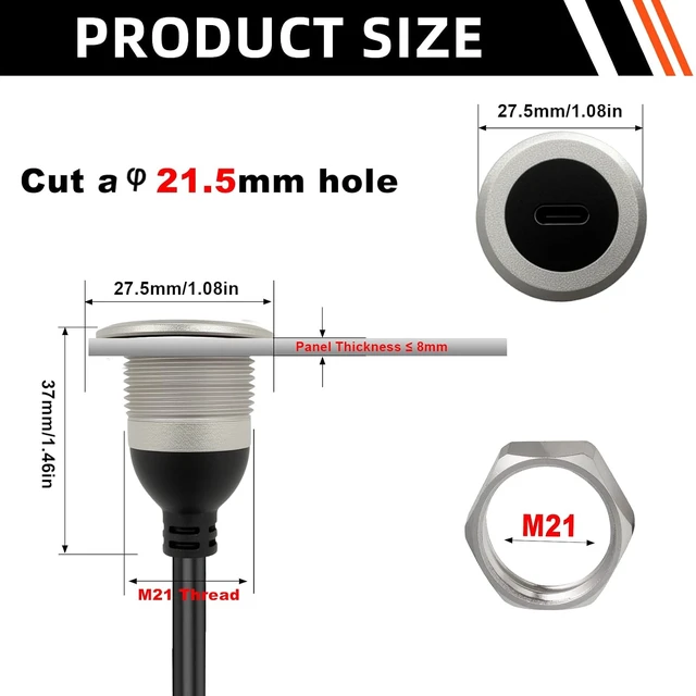 Alt view image 3 of 7 - USB C 3.0 Panel Mount Extension Cable Al Shell USB3.0 Type-C Male to Female Threaded Fixed Mount Cable Embedded Waterproof Round Converter, 5V/2A 5Gbps (0.3M/1Ft)