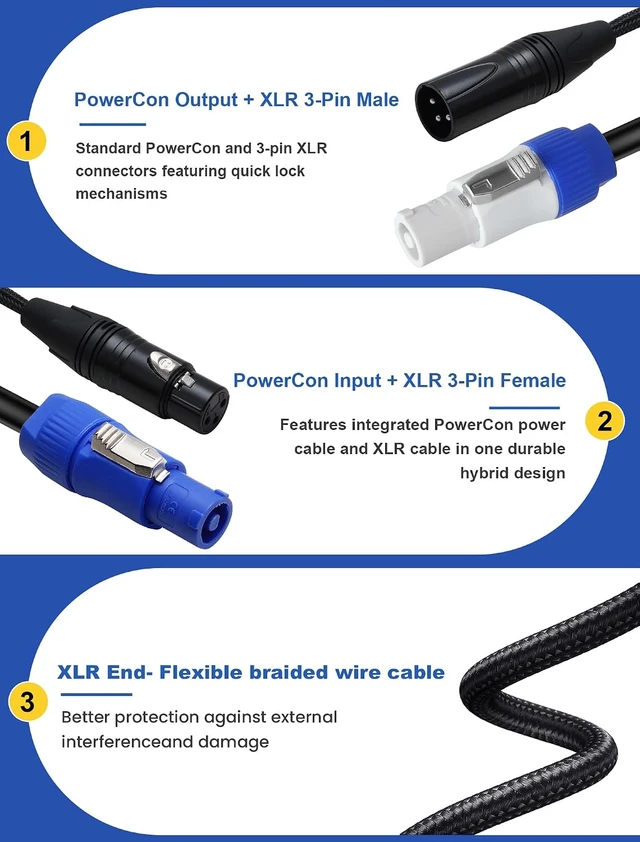 Alt view image 2 of 7 - 16AWG PowerCon/DMX Power Audio Combo Link Cable AC PowerCon DMX 3Pin XLR Signal Combo Cables for Stage Lighting,Audio Video (1M/3.2FT)