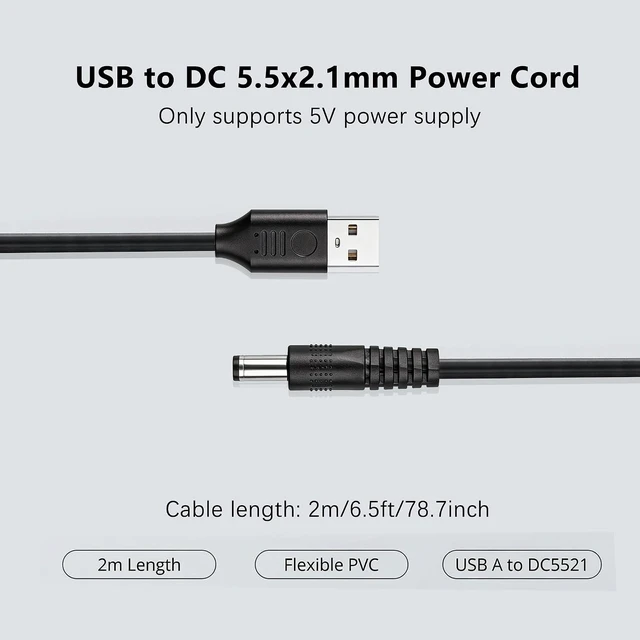Alt view image 5 of 7 - 2 Pack 5V USB to DC 5.5x2.1mm Power Cord 5.5mm x 2.1mm Barrel Jack Charging Cable for Mini Fans, LED Lights and Low Power Devices (2M/6.6Ft)