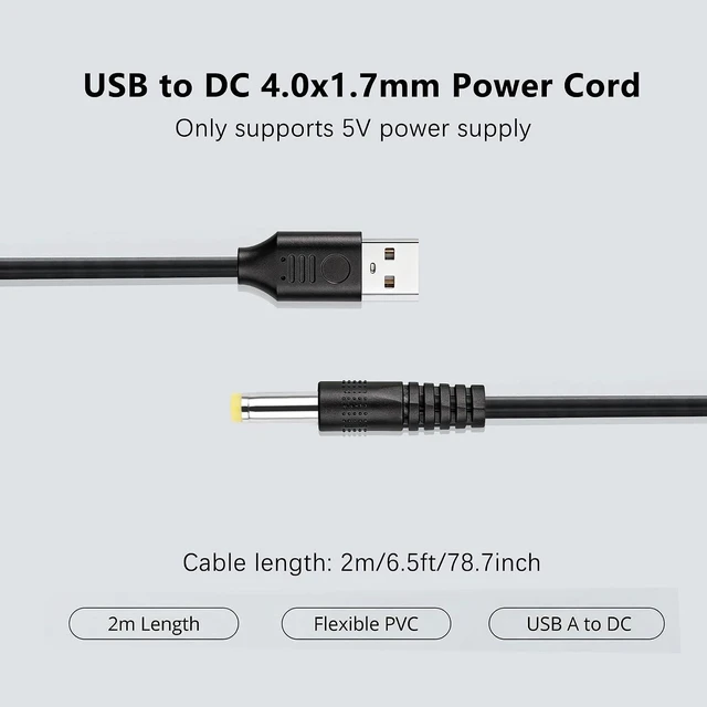Alt view image 5 of 7 - 2 Pack 5V USB to DC 4.0x1.7mm Power Cord 4.0mm x 1.7mm Barrel Jack Charging Cable for Mini Fans, LED Lights and Low Power Devices (2M/6.6Ft)