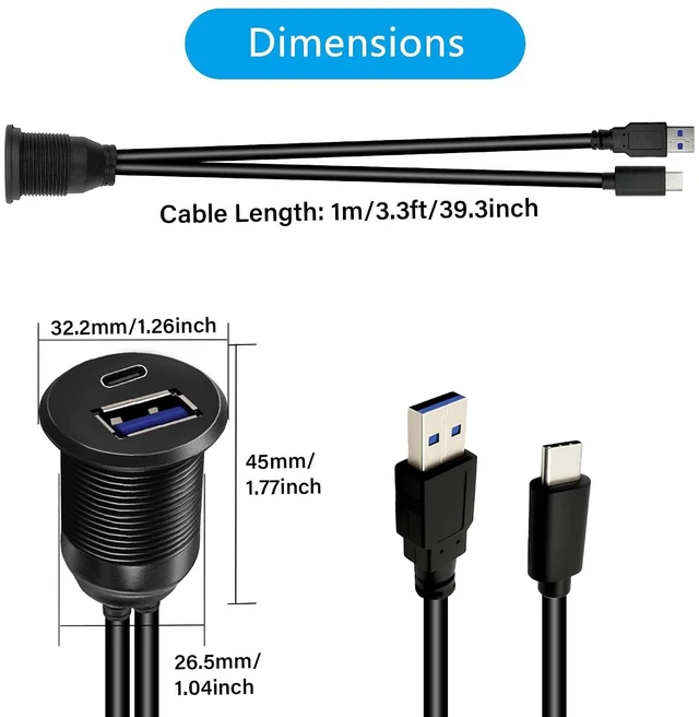 Alt view image 6 of 7 - USB 3.0 & Type C 3.0 Car Flush Mount Cable, Male to Female, 5Gbps USB Dashboard Panel Mount Waterproof Extension Cord for Car Truck Boat Motorcycle 1M/3.3Ft