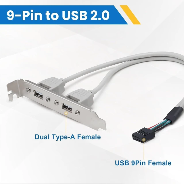 Alt view image 2 of 7 - 2 Pack Motherboard 2 Ports USB 2.0 Rear Panel Expansion Bracket to IDC 9 Pin Cable 9-Pin Female to Dual USB A Female with PCI Slot Cover Dust Filter 30CM/11.8Inch