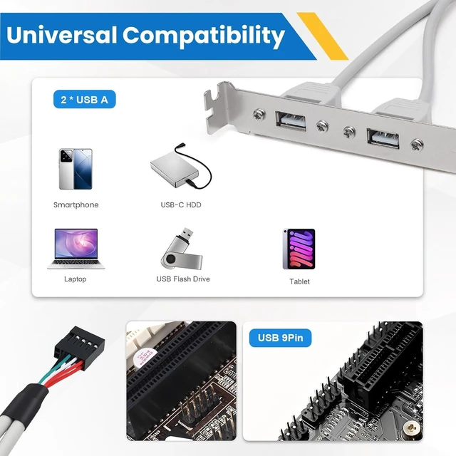 Alt view image 6 of 7 - 2 Pack Motherboard 2 Ports USB 2.0 Rear Panel Expansion Bracket to IDC 9 Pin Cable 9-Pin Female to Dual USB A Female with PCI Slot Cover Dust Filter 30CM/11.8Inch