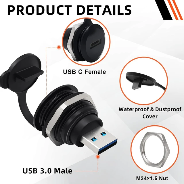 Alt view image 2 of 7 - USB A 3.0 to USB C Panel Mount Connector USB3.0 Male to Type C Female Adapter Waterproof Round Converter for Data Transfer & Charging