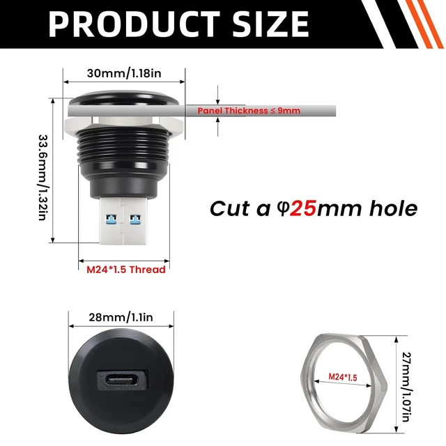 Alt view image 3 of 7 - USB A 3.0 to USB C Panel Mount Connector USB3.0 Male to Type C Female Adapter Waterproof Round Converter for Data Transfer & Charging