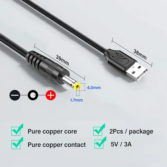 Alt view image 2 of 7 - 2 Pack 5V USB to DC 4.0x1.7mm Power Cord 4.0mm x 1.7mm Barrel Jack Charging Cable for Mini Fans, LED Lights and Low Power Devices (3M/9.8Ft)