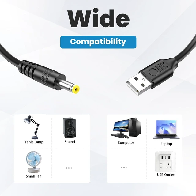 Alt view image 4 of 7 - 2 Pack 5V USB to DC 4.0x1.7mm Power Cord 4.0mm x 1.7mm Barrel Jack Charging Cable for Mini Fans, LED Lights and Low Power Devices (3M/9.8Ft)