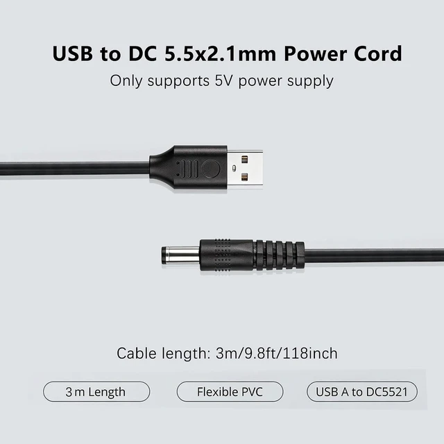Alt view image 5 of 7 - 2 Pack 5V USB to DC 5.5x2.1mm Power Cord 5.5mm x 2.1mm Barrel Jack Charging Cable for Mini Fans, LED Lights and Low Power Devices (3M/9.8Ft)