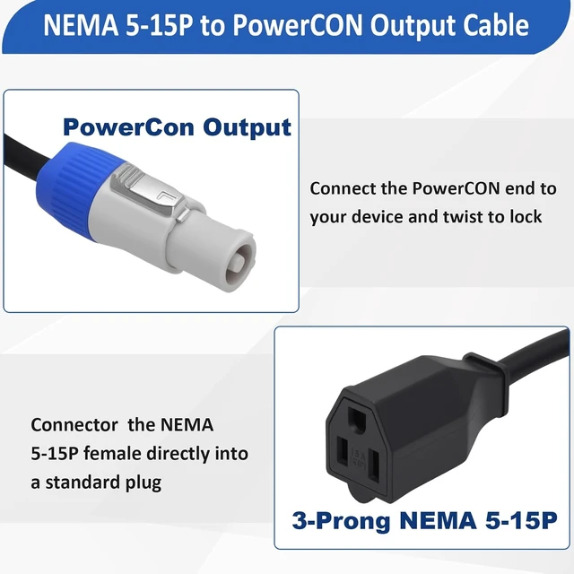 Alt view image 2 of 7 - 16AWG 3-Prong NEMA 5-15P to PowerCON Cable 15A 3 Pin PowerCon Output Connector to NEMA 5-15P Female Outlet Extension Power Cord for Outdoor Stage Light LED Screen (1M/3.2FT)