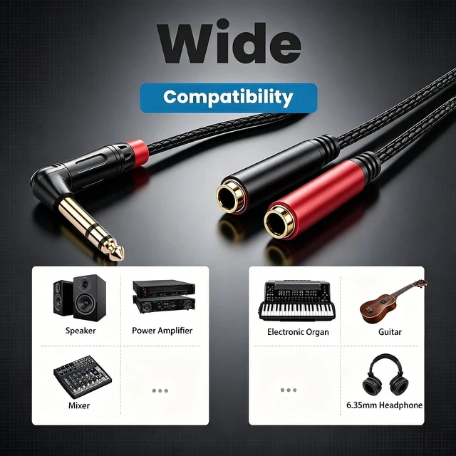 Alt view image 2 of 6 - 1/4" TRS Stereo Y Splitter Cable, 6.35mm 1-Male to 2-Female, 0.5M