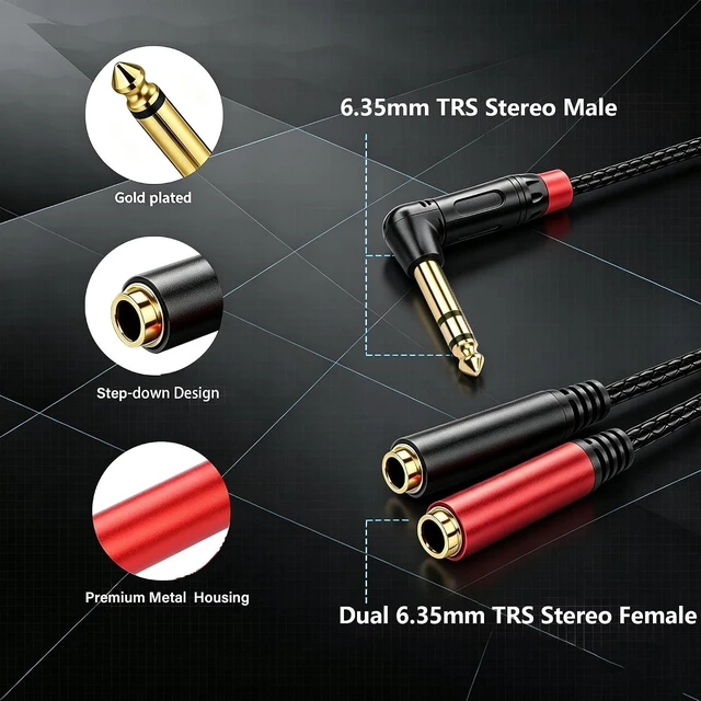 Alt view image 3 of 6 - 1/4" TRS Stereo Y Splitter Cable, 6.35mm 1-Male to 2-Female, 0.5M