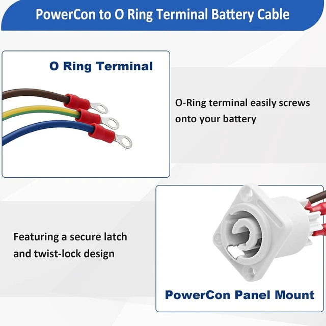 Alt view image 2 of 7 - 2 Pack 16AWG PowerCon Female Panel Mount to O Ring Terminal Battery Cable 10-15A/250V AC Power Plug 3 Pin PowerCon Output Extension Cable for LED Screen Stage Light