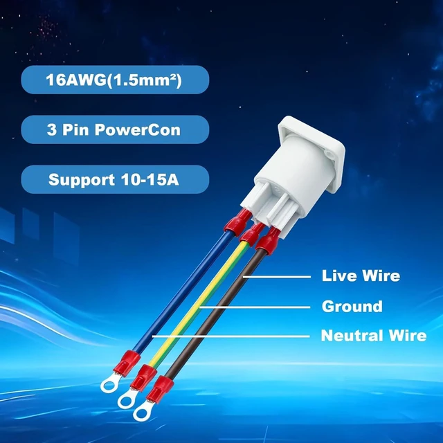 Alt view image 4 of 7 - 2 Pack 16AWG PowerCon Female Panel Mount to O Ring Terminal Battery Cable 10-15A/250V AC Power Plug 3 Pin PowerCon Output Extension Cable for LED Screen Stage Light