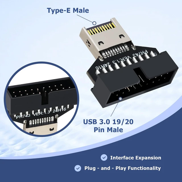 Alt view image 2 of 6 - USB 3.0 Front Panel Header Adapter Type E to USB 3.0 19/20Pin Motherboard Adapter Male to Male Front Connector Converter