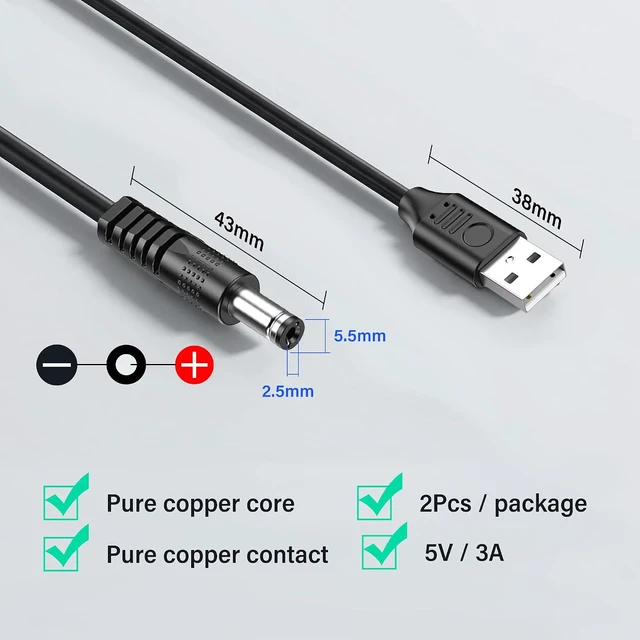 Alt view image 2 of 7 - 2 Pack 5V USB to DC 5.5x2.5mm Power Cord 5.5mm x 2.5mm Barrel Jack Charging Cable for Mini Fans, LED Lights and Low Power Devices (2M/6.6Ft)