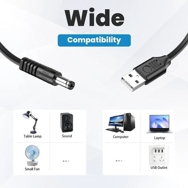 Alt view image 4 of 7 - 2 Pack 5V USB to DC 5.5x2.5mm Power Cord 5.5mm x 2.5mm Barrel Jack Charging Cable for Mini Fans, LED Lights and Low Power Devices (2M/6.6Ft)