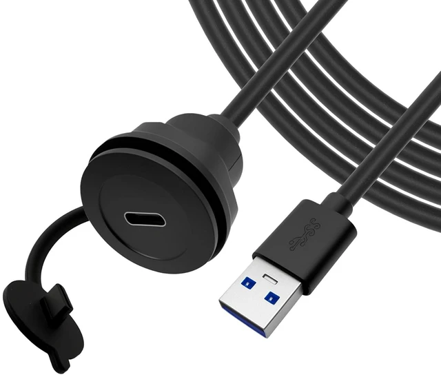 Main image of USB A 3.0 to USB C Panel Mount Extension Cable USB3.0 Male to Type C Female Threaded Fixed Mount Cable Embedded Waterproof Round Converter, 5V/2A 5Gbps, Black (2M/6.6Ft)