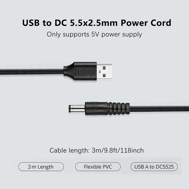 Alt view image 5 of 7 - 2 Pack 5V USB to DC 5.5x2.5mm Power Cord 5.5mm x 2.5mm Barrel Jack Charging Cable for Mini Fans, LED Lights and Low Power Devices (3M/9.8Ft)
