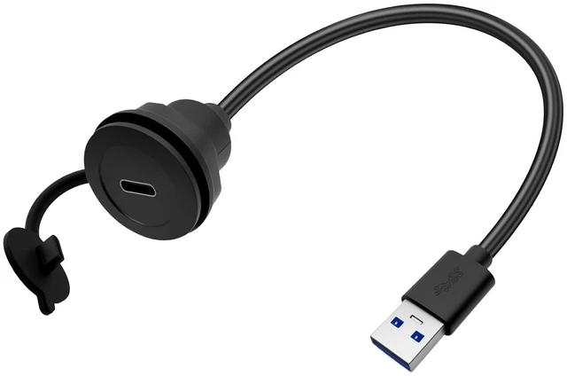 Main image of USB A 3.0 to USB C Panel Mount Extension Cable USB3.0 Male to Type C Female Threaded Fixed Mount Cable Embedded Waterproof Round Converter, 5V/2A 5Gbps, Black (0.3M/1Ft)