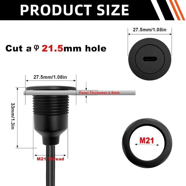 Alt view image 3 of 7 - USB A 3.0 to USB C Panel Mount Extension Cable USB3.0 Male to Type C Female Threaded Fixed Mount Cable Embedded Waterproof Round Converter, 5V/2A 5Gbps, Black (1M/3.3Ft)